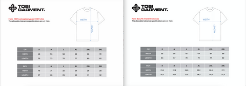 What sizes chart are available for your blank t-shirts in stock?