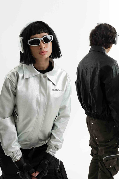 Pilot Leather Jacket - Silver - TOBI