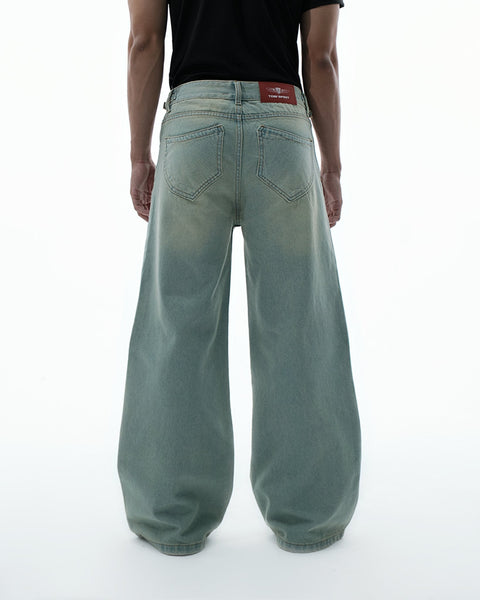 Wide Leg Baggy Jeans - Blue Dirty Wash - TOBI