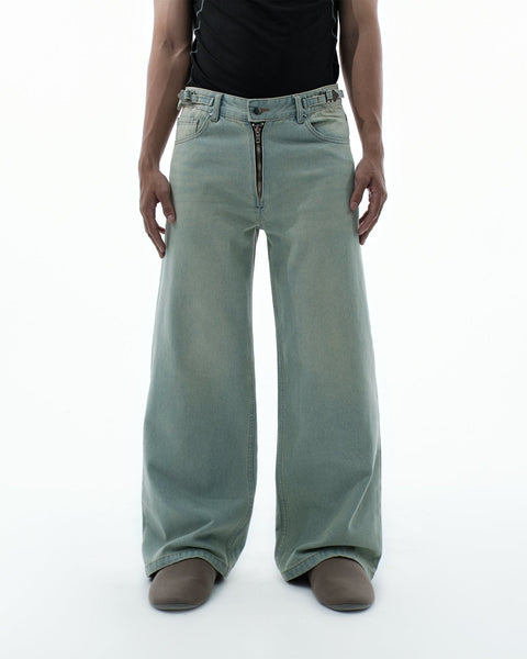 Wide Leg Baggy Jeans - Blue Dirty Wash - TOBI